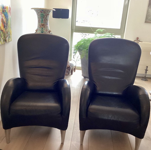 2x Molinari Black Leather Armchairs Designer For Molinari Teun Van Zanten