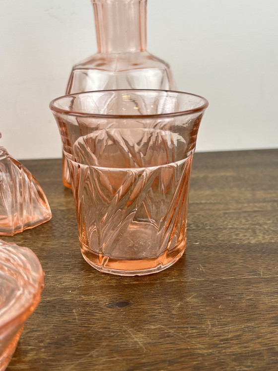 Image 1 of Pink Art Deco Press Glass Set Perfume Bottles