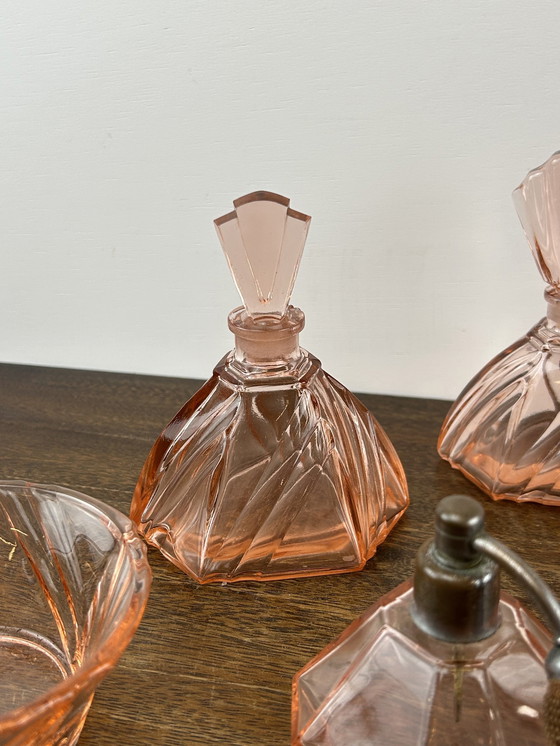 Image 1 of Pink Art Deco Press Glass Set Perfume Bottles