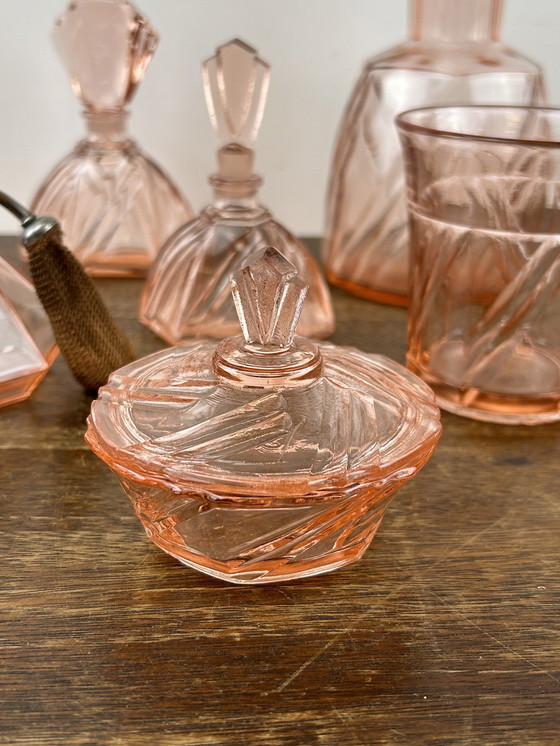 Image 1 of Pink Art Deco Press Glass Set Perfume Bottles