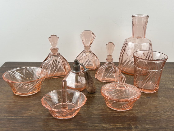 Image 1 of Pink Art Deco Press Glass Set Perfume Bottles