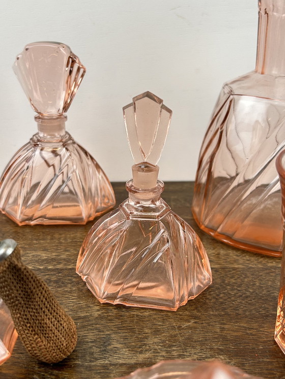 Image 1 of Pink Art Deco Press Glass Set Perfume Bottles