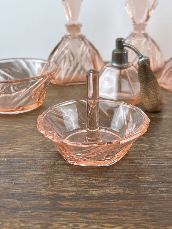 Image 1 of Pink Art Deco Press Glass Set Perfume Bottles