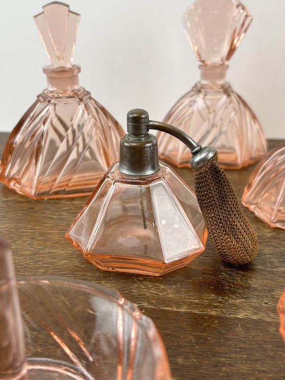 Image 1 of Pink Art Deco Press Glass Set Perfume Bottles