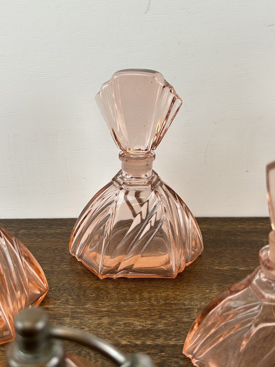 Image 1 of Pink Art Deco Press Glass Set Perfume Bottles