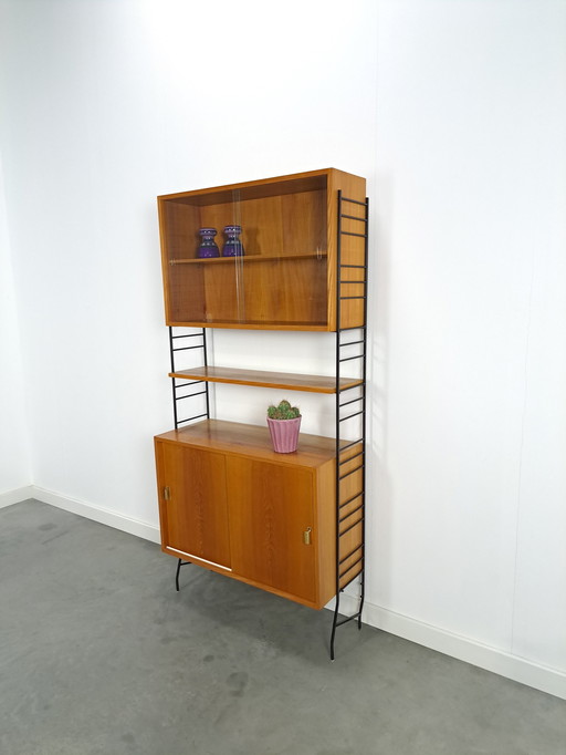 Modular Standing Wall Rack With Cabinets, Shelves And Black Steel Holders