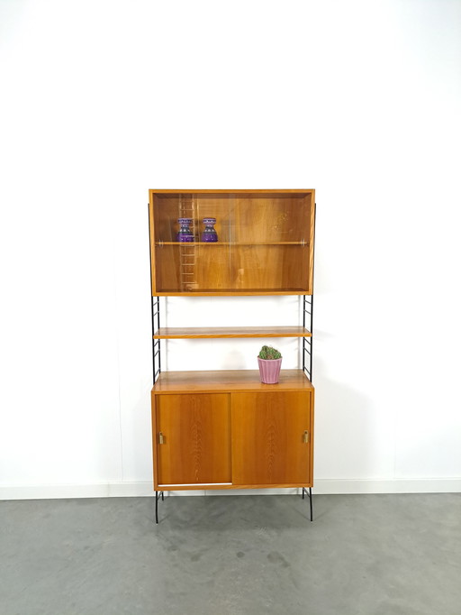 Modular Standing Wall Rack With Cabinets, Shelves And Black Steel Holders