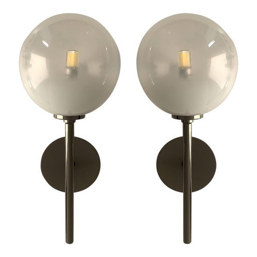 Set Of Two Contemporary Gradient White Sphere In Black Nikel Wall Sconces