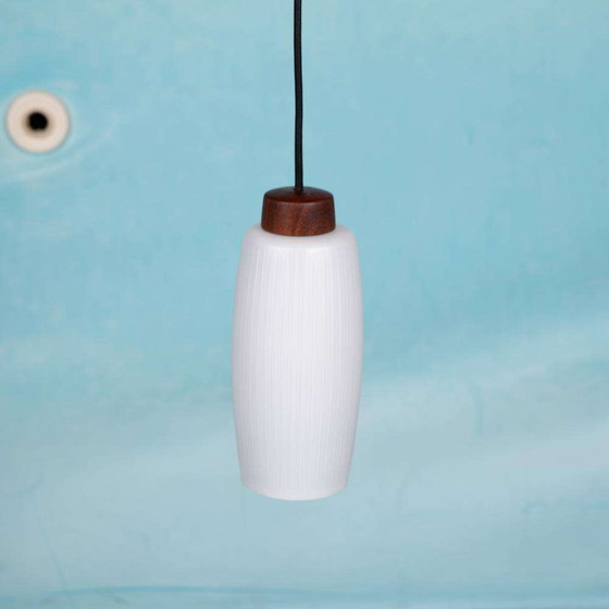 Minimalist vintage glass pendant lamp Danish milk glass teak 196.43 Whoppah