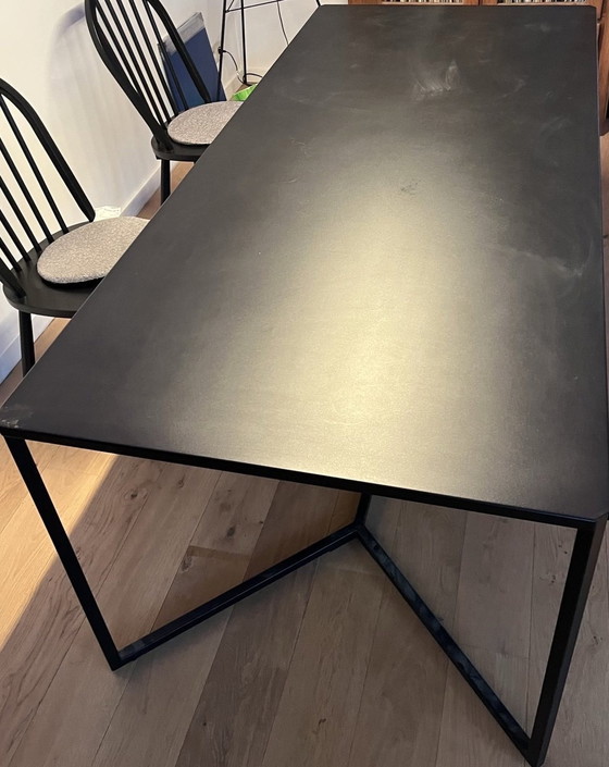 Image 1 of Black Table With Steel Top And Black Metal Base