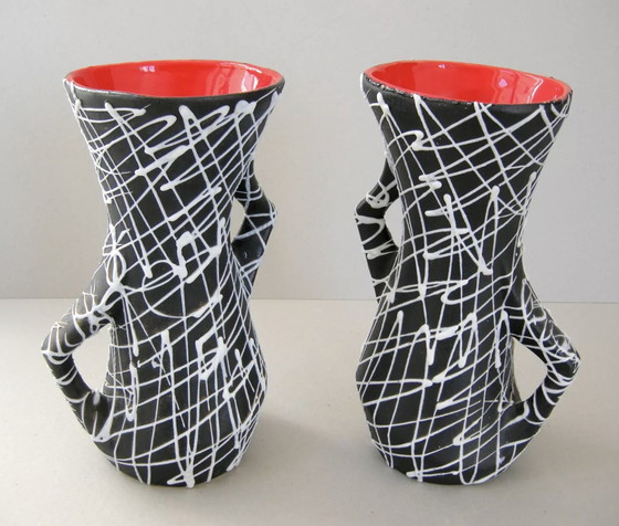 Image 1 of Superb Pair Of 1950 Black Ceramic Vases