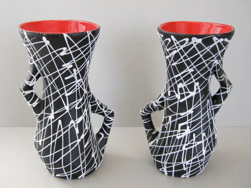 Superb Pair Of 1950 Black Ceramic Vases