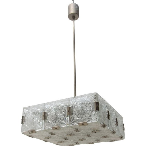 Vintage glass and chrome steel pendant lamp by Kamenický Senov, Czechoslovakia 1970
