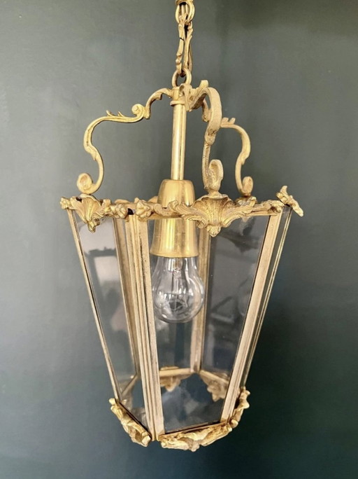 Art Nouveau Bronze Gilt And Glass Faceted Pendant Lantern 1900