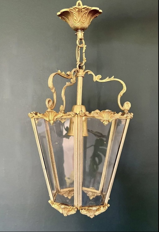 Art Nouveau Bronze Gilt And Glass Faceted Pendant Lantern 1900