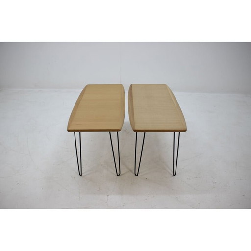 Pair of vintage oak coffee tables on hairpin legs, 1960