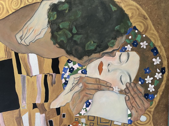 Image 1 of "The Kiss" After Gustav Klimt, hand-painted (detail)