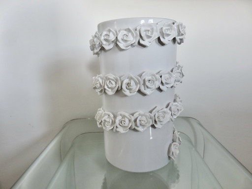 White Barbotine Ceramic Vase, Italy, 1980s