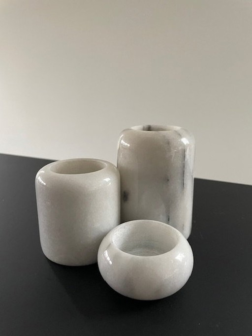 3X Cylindrical Candle Holders In White Marble