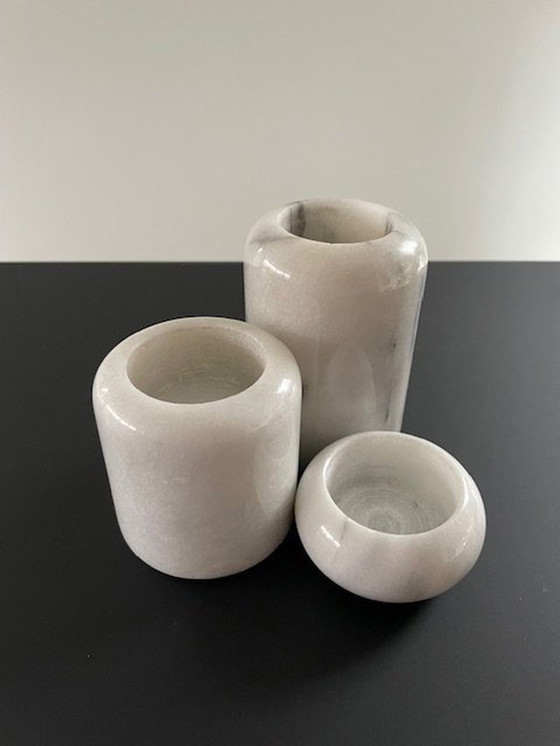 Image 1 of 3X Cylindrical Candle Holders In White Marble