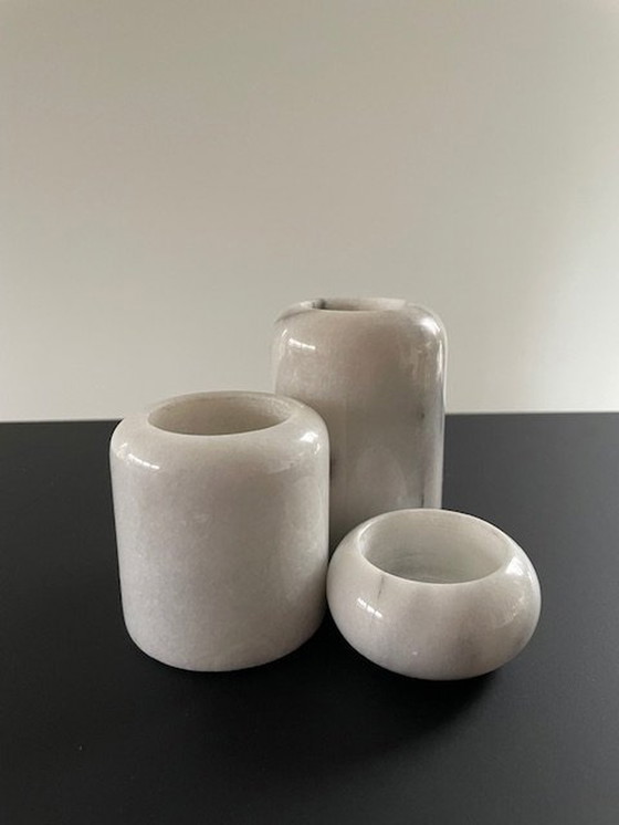 Image 1 of 3X Cylindrical Candle Holders In White Marble