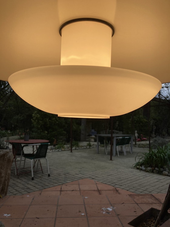Image 1 of 2 White Glass And Metal Hanging Fixtures From The '80s