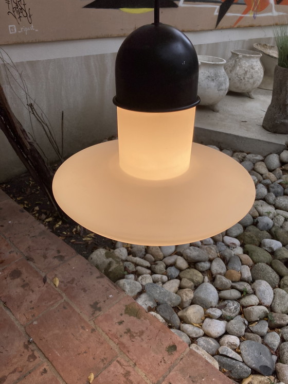 Image 1 of 2 White Glass And Metal Hanging Fixtures From The '80s