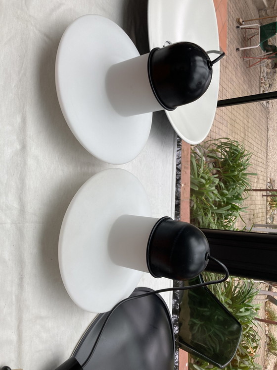 Image 1 of 2 White Glass And Metal Hanging Fixtures From The '80s