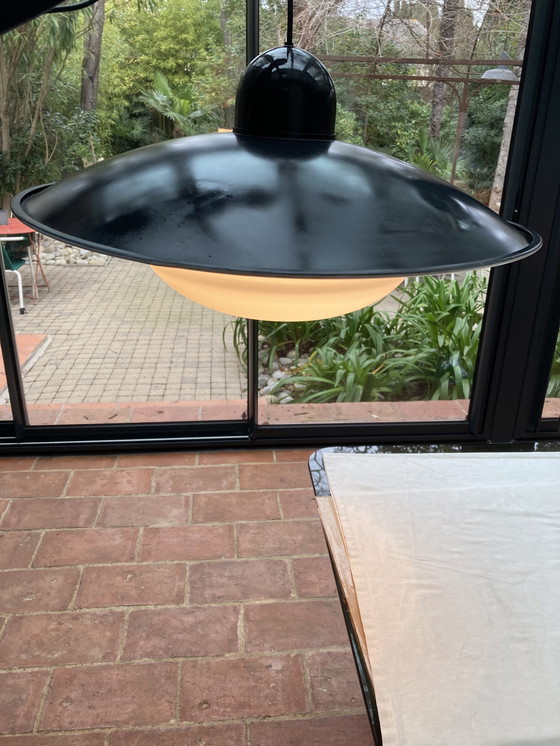 Image 1 of 2 White Glass And Metal Hanging Fixtures From The '80s