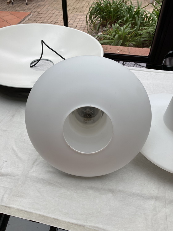Image 1 of 2 White Glass And Metal Hanging Fixtures From The '80s