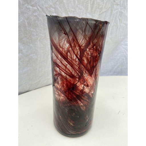 Vintage red and blue scroll vase by Serge Mansau for Murano, 1992