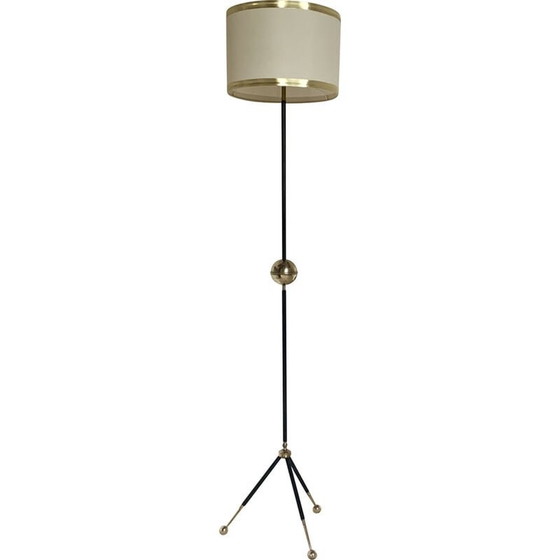 Image 1 of Lampada da terra vintage a treppiede in metallo nero e sfera in ottone, 1960