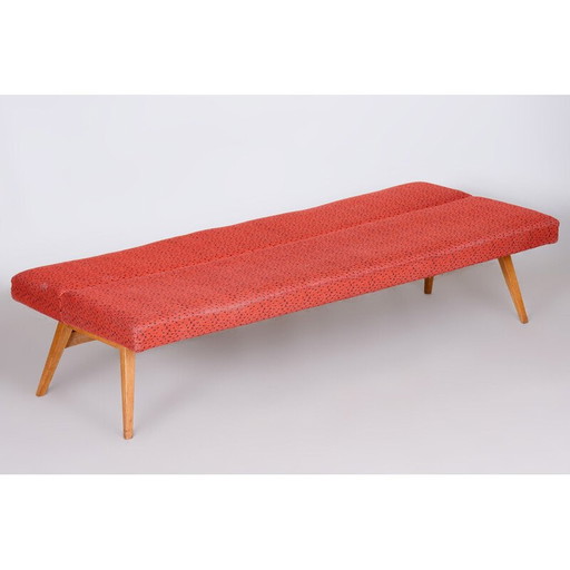 Mid century oakwood sofa with red upholstery, Czechoslovakia 1950s