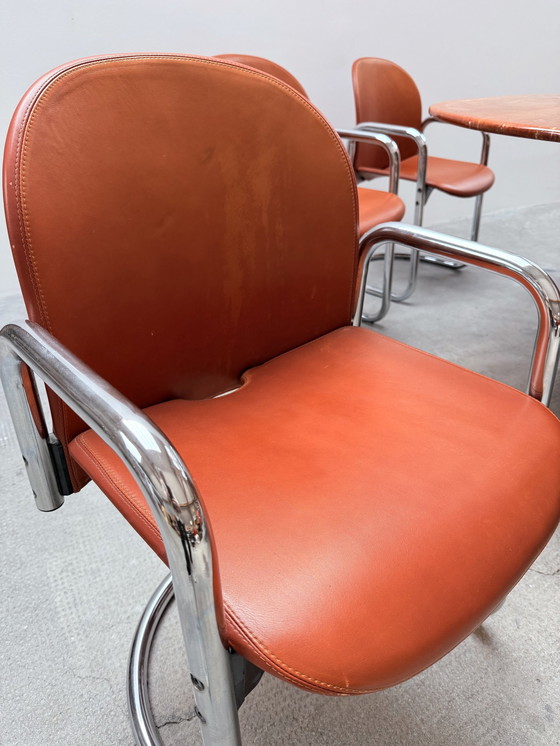 Image 1 of Afra & Tobia Scarpa For B&B Italia marble dining table "Tobio" & 6 dining chairs "Dialogo" chrome leather, Italy 1974