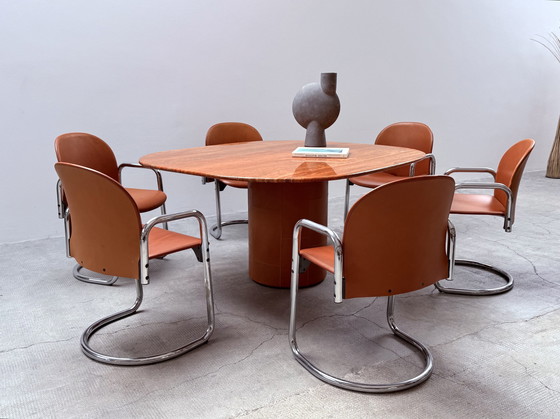 Image 1 of Afra & Tobia Scarpa For B&B Italia marble dining table "Tobio" & 6 dining chairs "Dialogo" chrome leather, Italy 1974