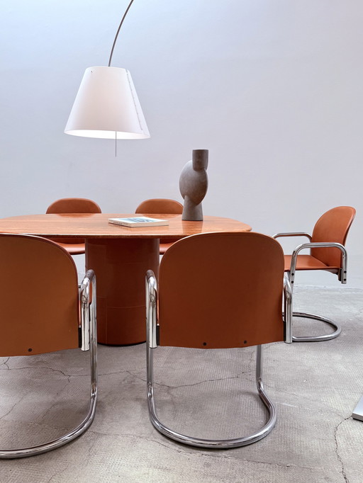 Afra & Tobia Scarpa For B&B Italia marble dining table "Tobio" & 6 dining chairs "Dialogo" chrome leather, Italy 1974