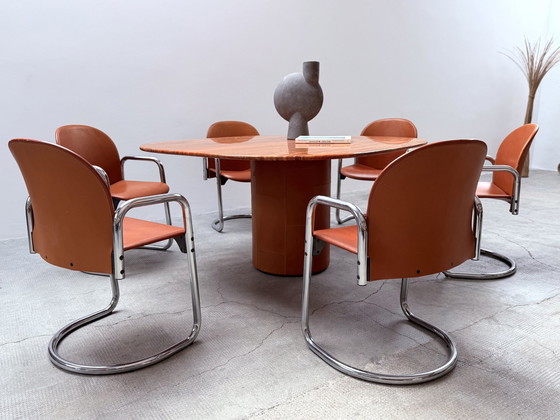 Image 1 of Afra & Tobia Scarpa For B&B Italia marble dining table "Tobio" & 6 dining chairs "Dialogo" chrome leather, Italy 1974
