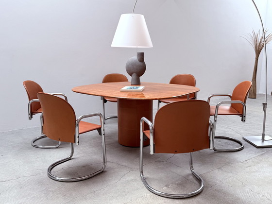 Image 1 of Afra & Tobia Scarpa For B&B Italia marble dining table "Tobio" & 6 dining chairs "Dialogo" chrome leather, Italy 1974