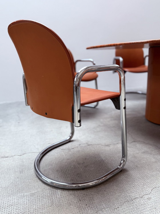 Image 1 of Afra & Tobia Scarpa For B&B Italia marble dining table "Tobio" & 6 dining chairs "Dialogo" chrome leather, Italy 1974