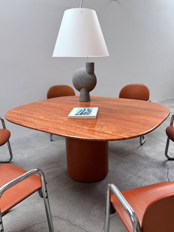 Image 1 of Afra & Tobia Scarpa For B&B Italia marble dining table "Tobio" & 6 dining chairs "Dialogo" chrome leather, Italy 1974