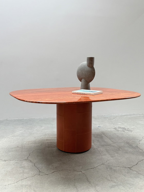 Image 1 of Afra & Tobia Scarpa For B&B Italia marble dining table "Tobio" & 6 dining chairs "Dialogo" chrome leather, Italy 1974