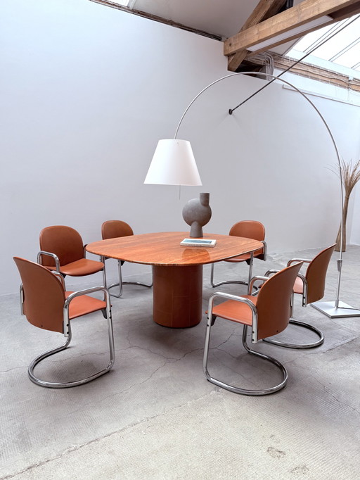 Afra & Tobia Scarpa For B&B Italia marble dining table "Tobio" & 6 dining chairs "Dialogo" chrome leather, Italy 1974