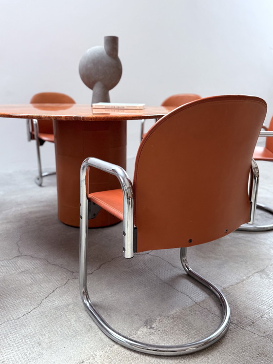 Image 1 of Afra & Tobia Scarpa For B&B Italia marble dining table "Tobio" & 6 dining chairs "Dialogo" chrome leather, Italy 1974