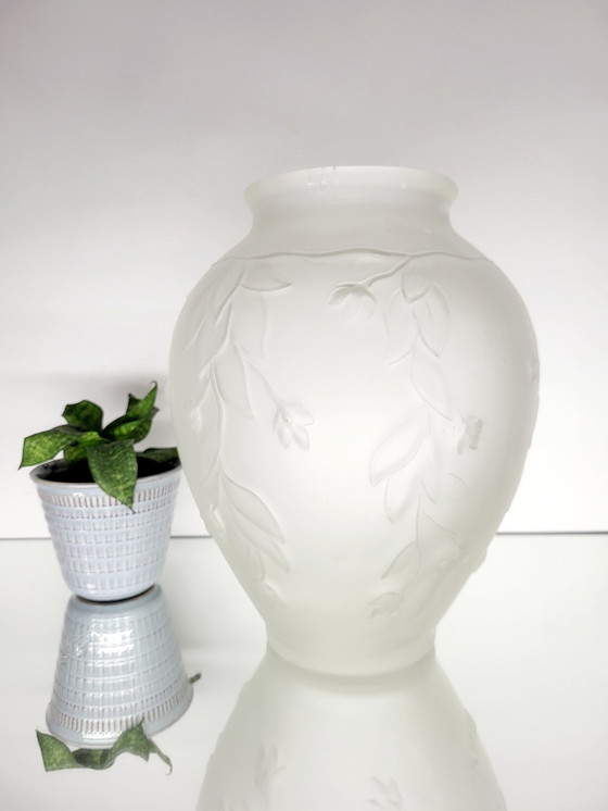 Image 1 of Art Deco Vase In Frosted Pressed Glass With Floral Decor, 1940s, France