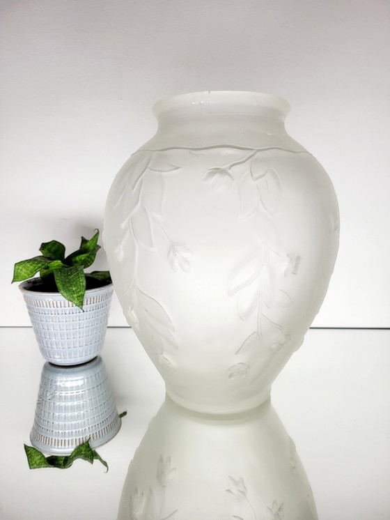 Image 1 of Art Deco Vase In Frosted Pressed Glass With Floral Decor, 1940s, France