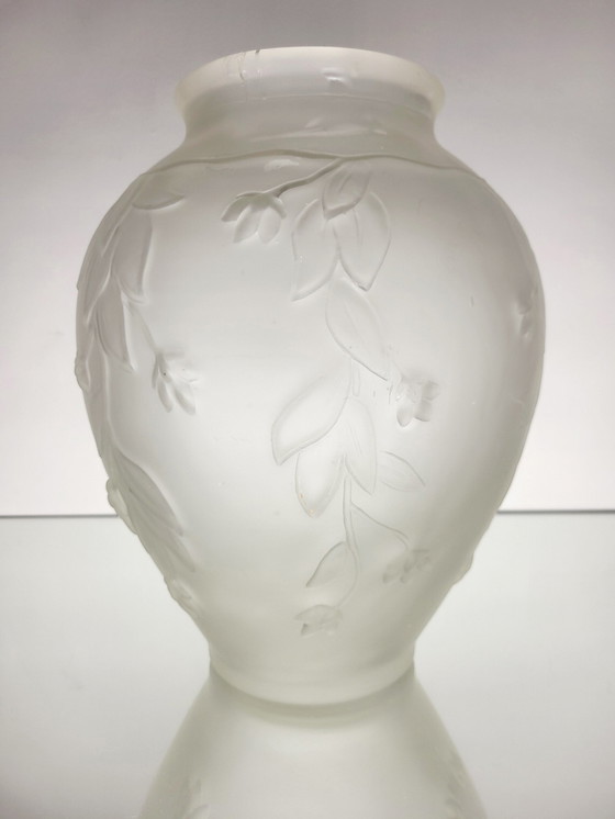 Image 1 of Art Deco Vase In Frosted Pressed Glass With Floral Decor, 1940s, France