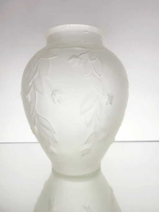 Art Deco Vase In Frosted Pressed Glass With Floral Decor, 1940s, France