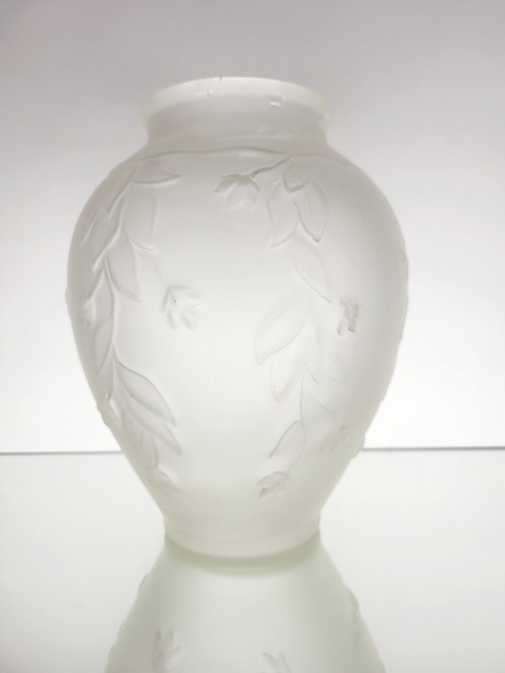 Image 1 of Art Deco Vase In Frosted Pressed Glass With Floral Decor, 1940s, France