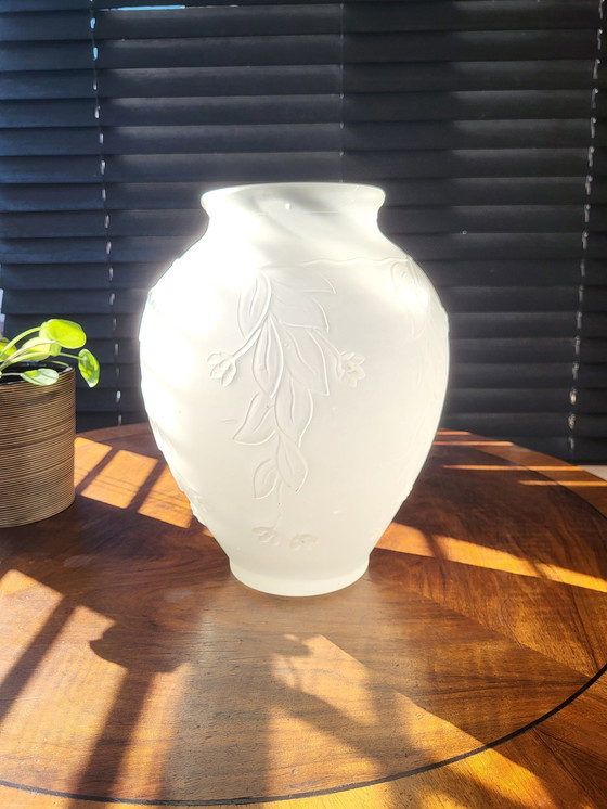 Image 1 of Art Deco Vase In Frosted Pressed Glass With Floral Decor, 1940s, France