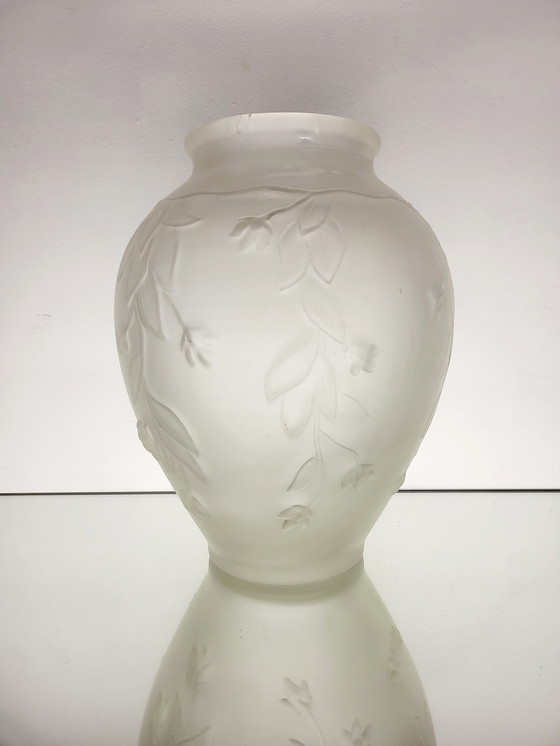 Image 1 of Art Deco Vase In Frosted Pressed Glass With Floral Decor, 1940s, France